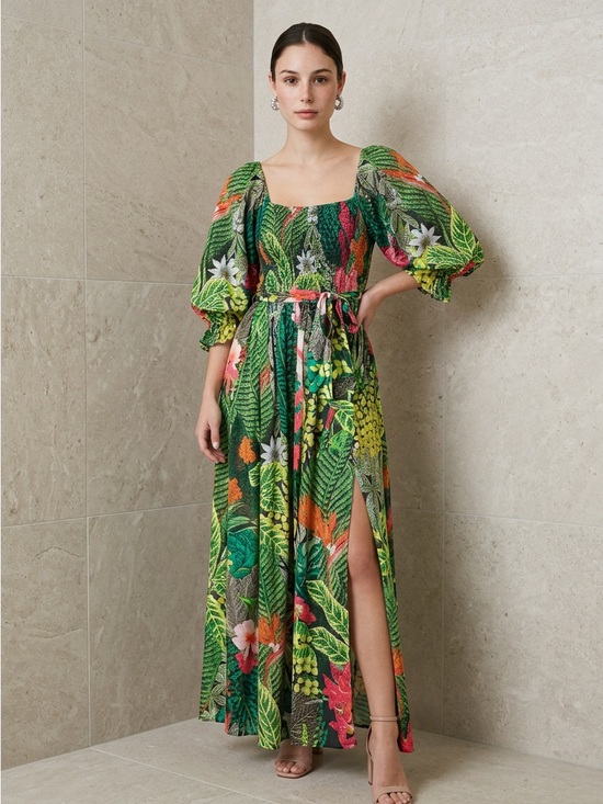 Palms Away Dresses & Skirts - Palms Away Tropical Print Green Floral Square-Neck Maxi Dress